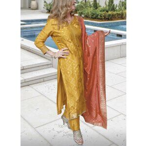 New! Silk Basanti Kapde aur Koffee Beautiful Indian Women's Gold Kurta Set S/M